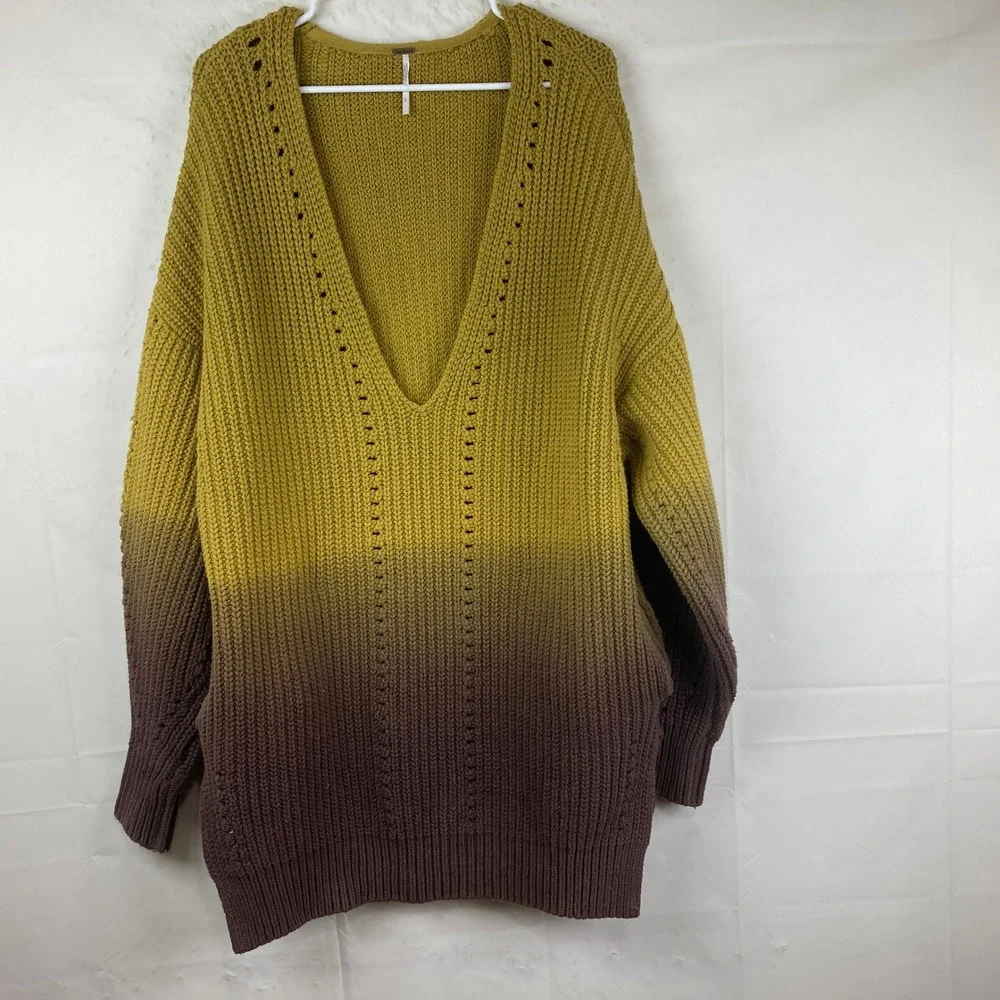 Free People Ombre Come Together V-Neck Sweater Sz L Chunky‎ Knit Boho Earthy